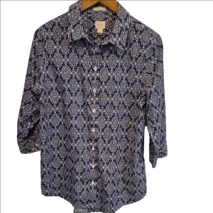 Chico's No Iron 3/4 Sleeve Navy and Cream Patterned Blouse Chico's Size 2